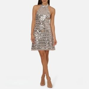 Adrianna Papell Silver Halter Sequined Mini Cocktail/Party Swing Dress Sz 10 NEW